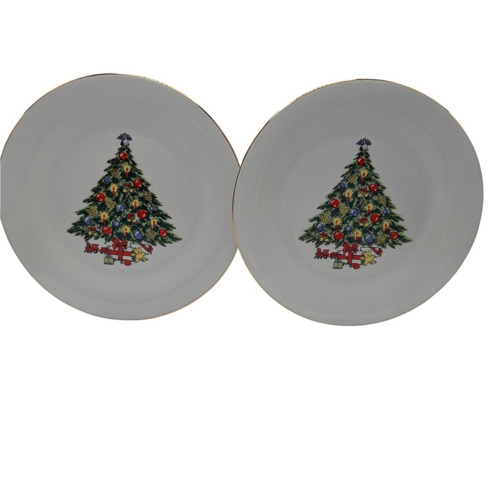 Pagoda Christmas‎ Salad Plates Christmas Tree Gold Trim Set of Two Liling SEE